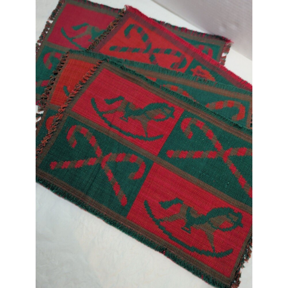 Vintage Christmas Placemats Set Of Four Rocking Horse Candy canes Cloth